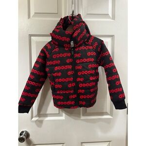 Secret Scientist Doodle Puffer Jacket Kids Black Red Logo Hooded Zip Up Coat -4T